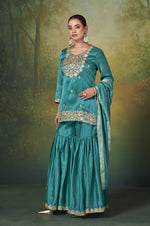 Teal Blue Vichitra Silk Embroidered Straight Kurta Set with Sharara & Chanderi Jacquard Dupatta