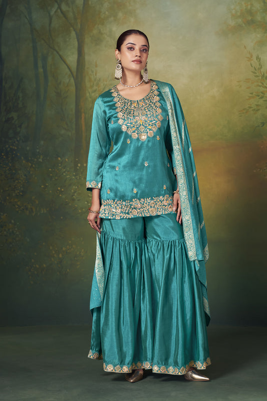 Teal Blue Vichitra Silk Embroidered Straight Kurta Set with Sharara & Chanderi Jacquard Dupatta