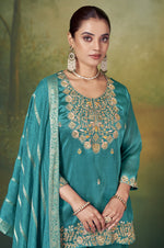 Teal Blue Vichitra Silk Embroidered Straight Kurta Set with Sharara & Chanderi Jacquard Dupatta