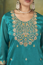 Teal Blue Vichitra Silk Embroidered Straight Kurta Set with Sharara & Chanderi Jacquard Dupatta