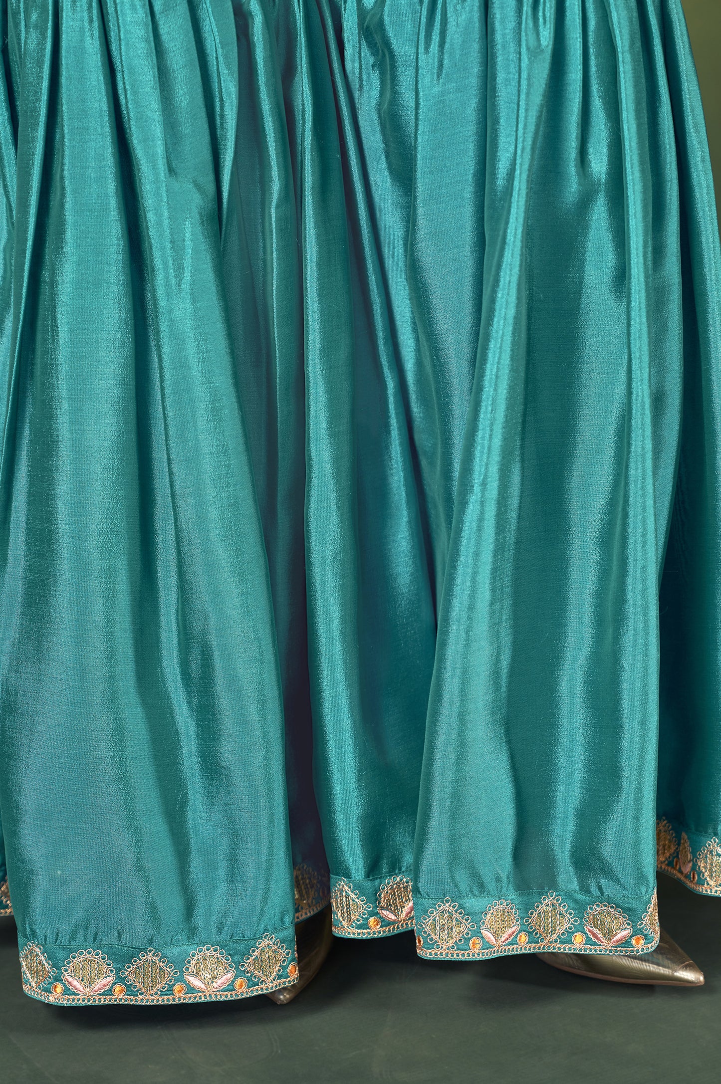 Teal Blue Vichitra Silk Embroidered Straight Kurta Set with Sharara & Chanderi Jacquard Dupatta
