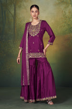 Wine Vichitra Silk Embroidered Straight Kurta Set with Sharara & Chanderi Jacquard Dupatta