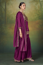Wine Vichitra Silk Embroidered Straight Kurta Set with Sharara & Chanderi Jacquard Dupatta