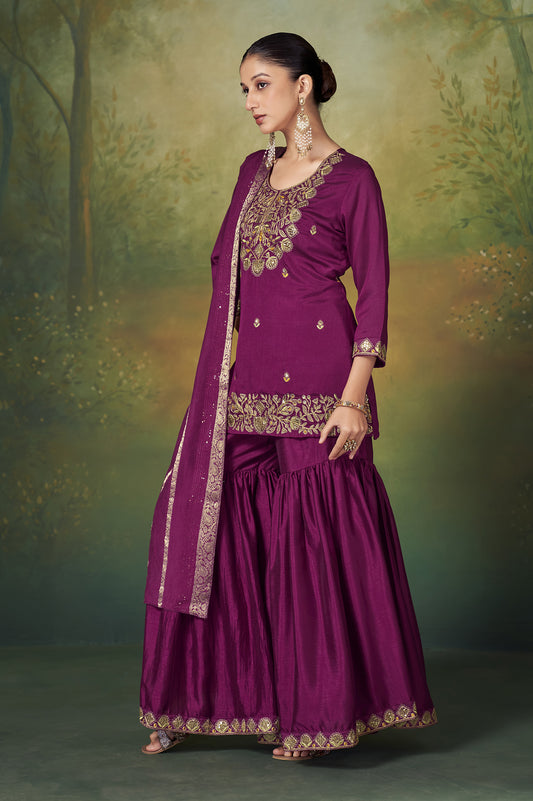 Wine Vichitra Silk Embroidered Straight Kurta Set with Sharara & Chanderi Jacquard Dupatta
