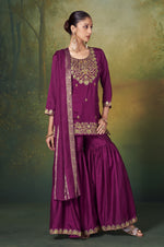 Wine Vichitra Silk Embroidered Straight Kurta Set with Sharara & Chanderi Jacquard Dupatta