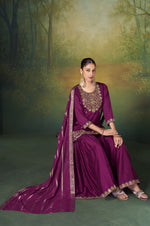 Wine Vichitra Silk Embroidered Straight Kurta Set with Sharara & Chanderi Jacquard Dupatta