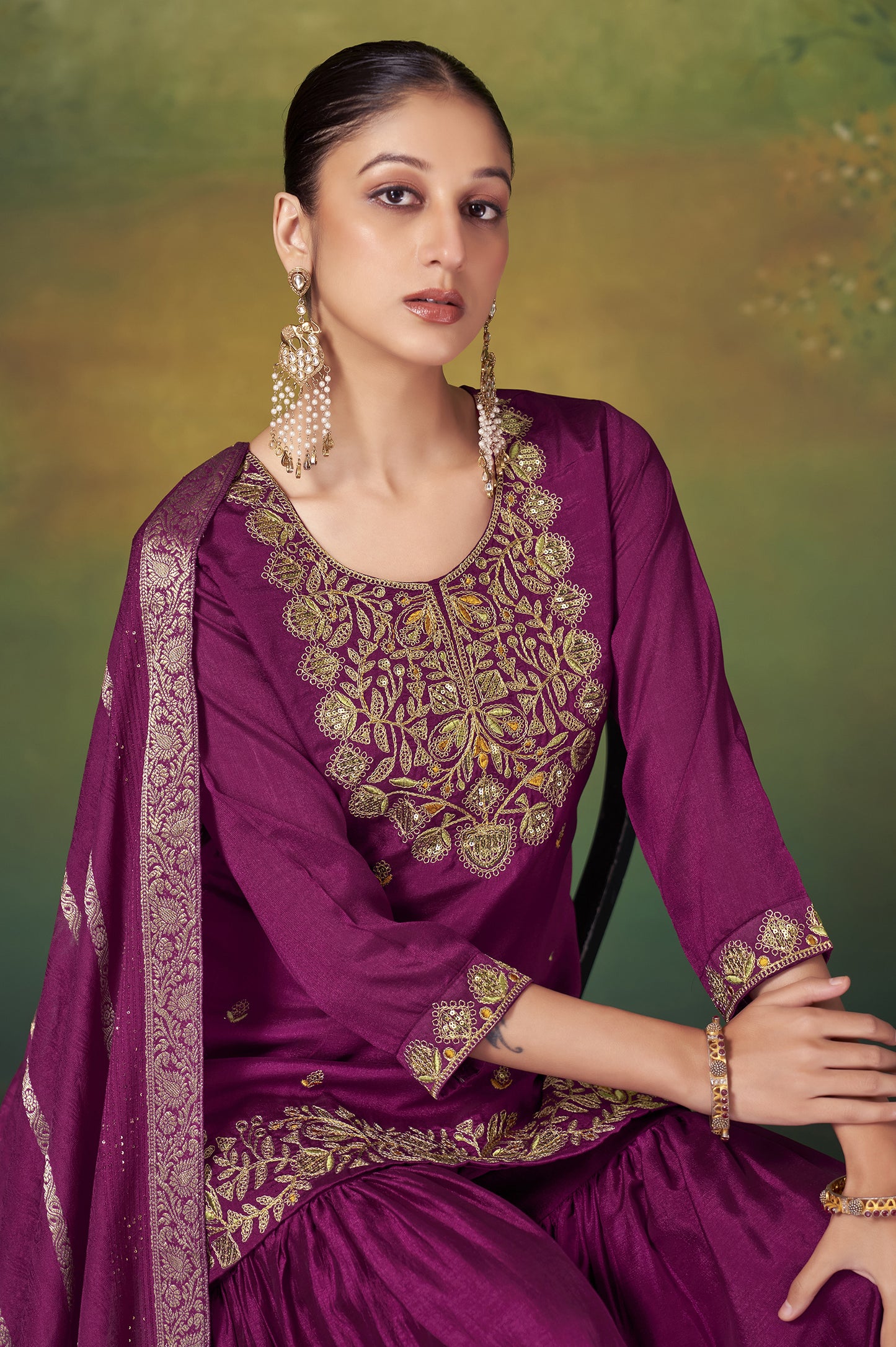 Wine Vichitra Silk Embroidered Straight Kurta Set with Sharara & Chanderi Jacquard Dupatta