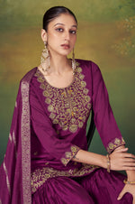 Wine Vichitra Silk Embroidered Straight Kurta Set with Sharara & Chanderi Jacquard Dupatta