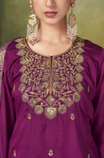 Wine Vichitra Silk Embroidered Straight Kurta Set with Sharara & Chanderi Jacquard Dupatta