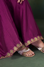 Wine Vichitra Silk Embroidered Straight Kurta Set with Sharara & Chanderi Jacquard Dupatta