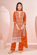 Orange Chinnon Schiffli Embroidered A-Line Kurta Set with Pants & Nazmin Chiffon Dupatta