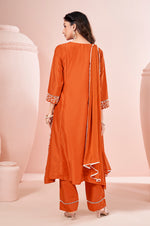 Orange Chinnon Schiffli Embroidered A-Line Kurta Set with Pants & Nazmin Chiffon Dupatta
