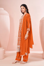 Orange Chinnon Schiffli Embroidered A-Line Kurta Set with Pants & Nazmin Chiffon Dupatta