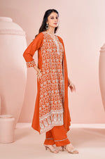 Orange Chinnon Schiffli Embroidered A-Line Kurta Set with Pants & Nazmin Chiffon Dupatta