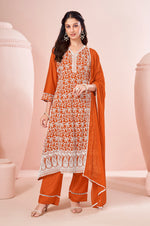 Orange Chinnon Schiffli Embroidered A-Line Kurta Set with Pants & Nazmin Chiffon Dupatta