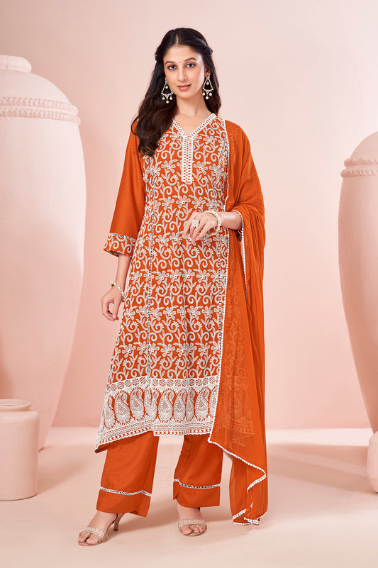 Orange Chinnon Schiffli Embroidered A-Line Kurta Set with Pants & Nazmin Chiffon Dupatta