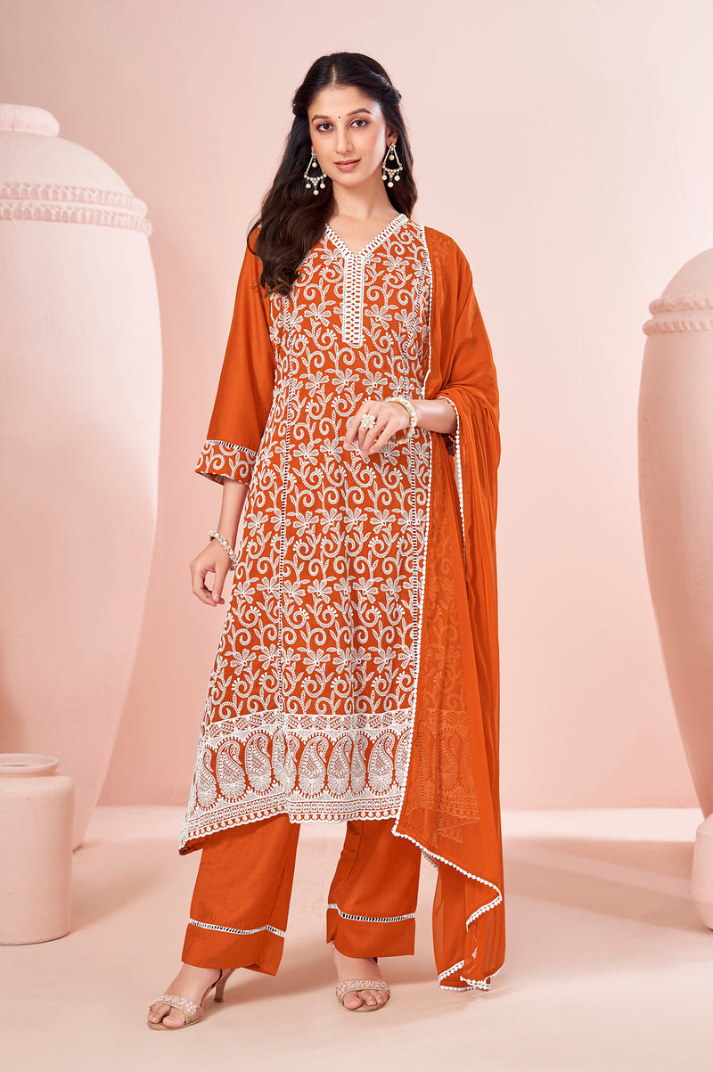 Orange Chinnon Schiffli Embroidered A-Line Kurta Set with Pants & Nazmin Chiffon Dupatta
