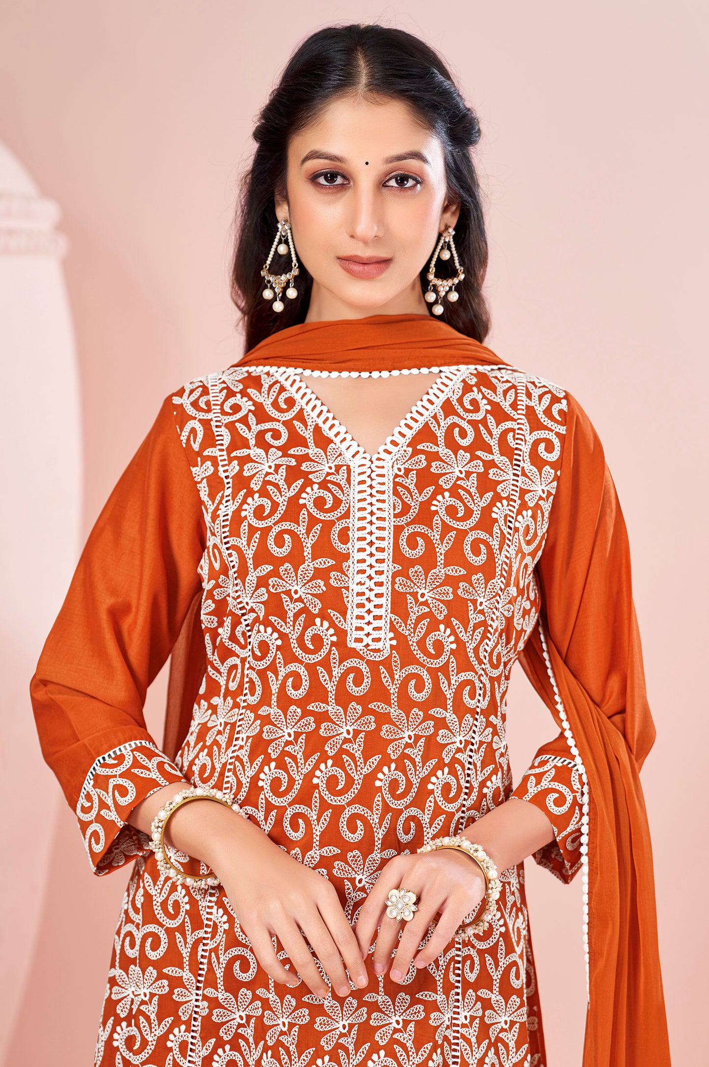 Orange Chinnon Schiffli Embroidered A-Line Kurta Set with Pants & Nazmin Chiffon Dupatta