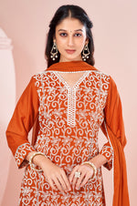 Orange Chinnon Schiffli Embroidered A-Line Kurta Set with Pants & Nazmin Chiffon Dupatta
