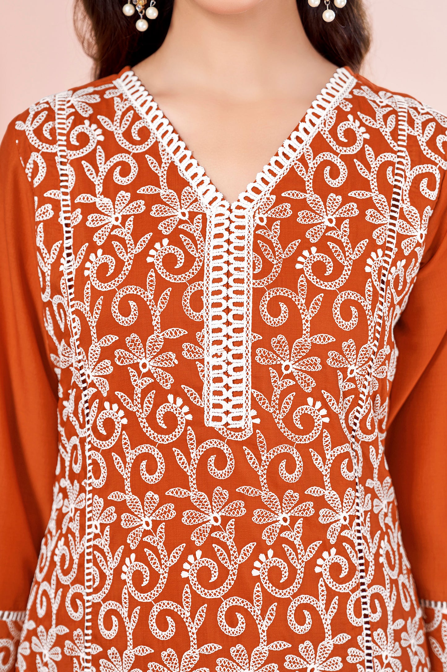 Orange Chinnon Schiffli Embroidered A-Line Kurta Set with Pants & Nazmin Chiffon Dupatta