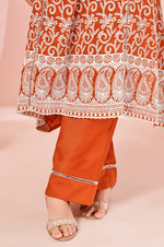 Orange Chinnon Schiffli Embroidered A-Line Kurta Set with Pants & Nazmin Chiffon Dupatta