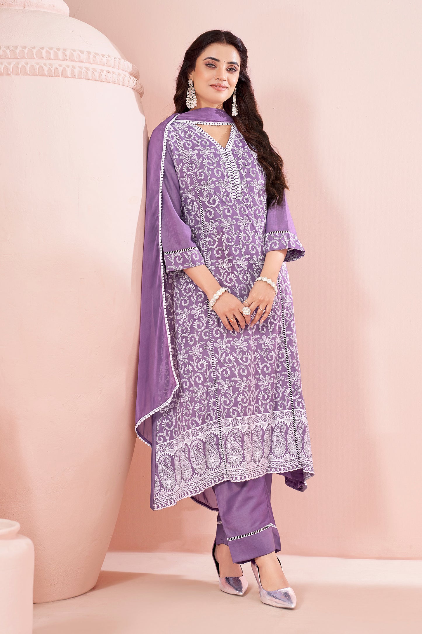 Lavender Chinnon Schiffli Embroidered A-Line Kurta Set with Pants & Nazmin Chiffon Dupatta