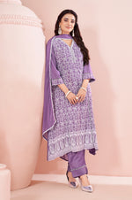 Lavender Chinnon Schiffli Embroidered A-Line Kurta Set with Pants & Nazmin Chiffon Dupatta