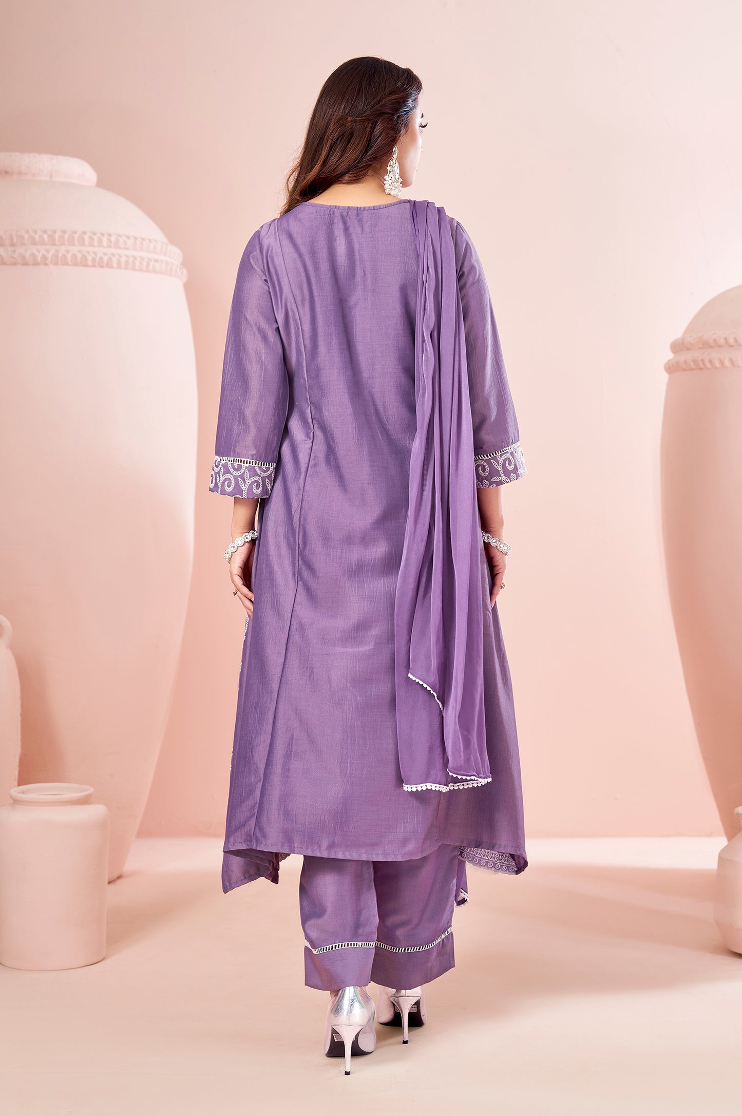 Lavender Chinnon Schiffli Embroidered A-Line Kurta Set with Pants & Nazmin Chiffon Dupatta
