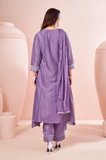 Lavender Chinnon Schiffli Embroidered A-Line Kurta Set with Pants & Nazmin Chiffon Dupatta