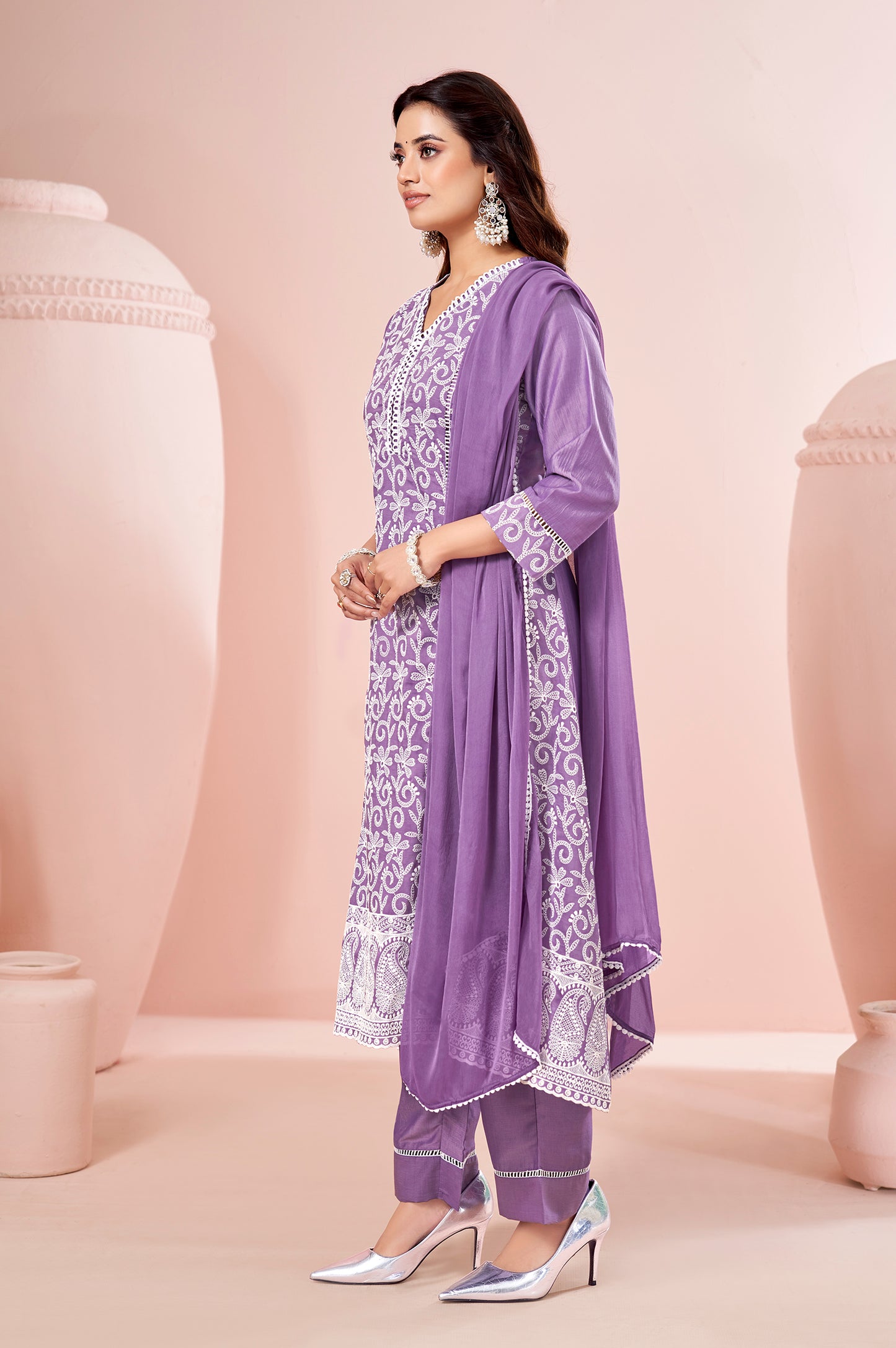 Lavender Chinnon Schiffli Embroidered A-Line Kurta Set with Pants & Nazmin Chiffon Dupatta