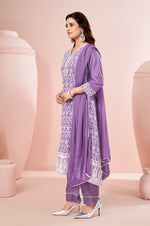 Lavender Chinnon Schiffli Embroidered A-Line Kurta Set with Pants & Nazmin Chiffon Dupatta