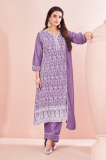 Lavender Chinnon Schiffli Embroidered A-Line Kurta Set with Pants & Nazmin Chiffon Dupatta