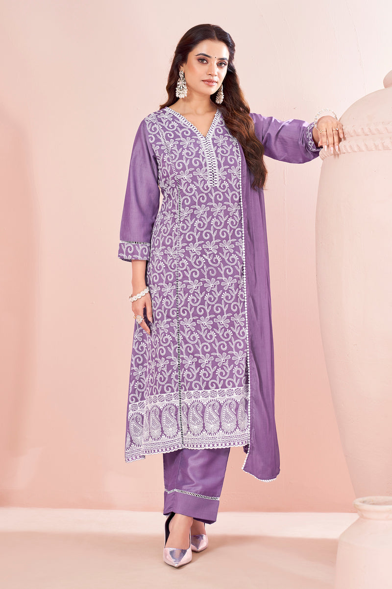 Lavender Chinnon Schiffli Embroidered A-Line Kurta Set with Pants & Nazmin Chiffon Dupatta