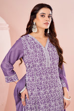 Lavender Chinnon Schiffli Embroidered A-Line Kurta Set with Pants & Nazmin Chiffon Dupatta
