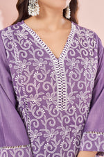 Lavender Chinnon Schiffli Embroidered A-Line Kurta Set with Pants & Nazmin Chiffon Dupatta
