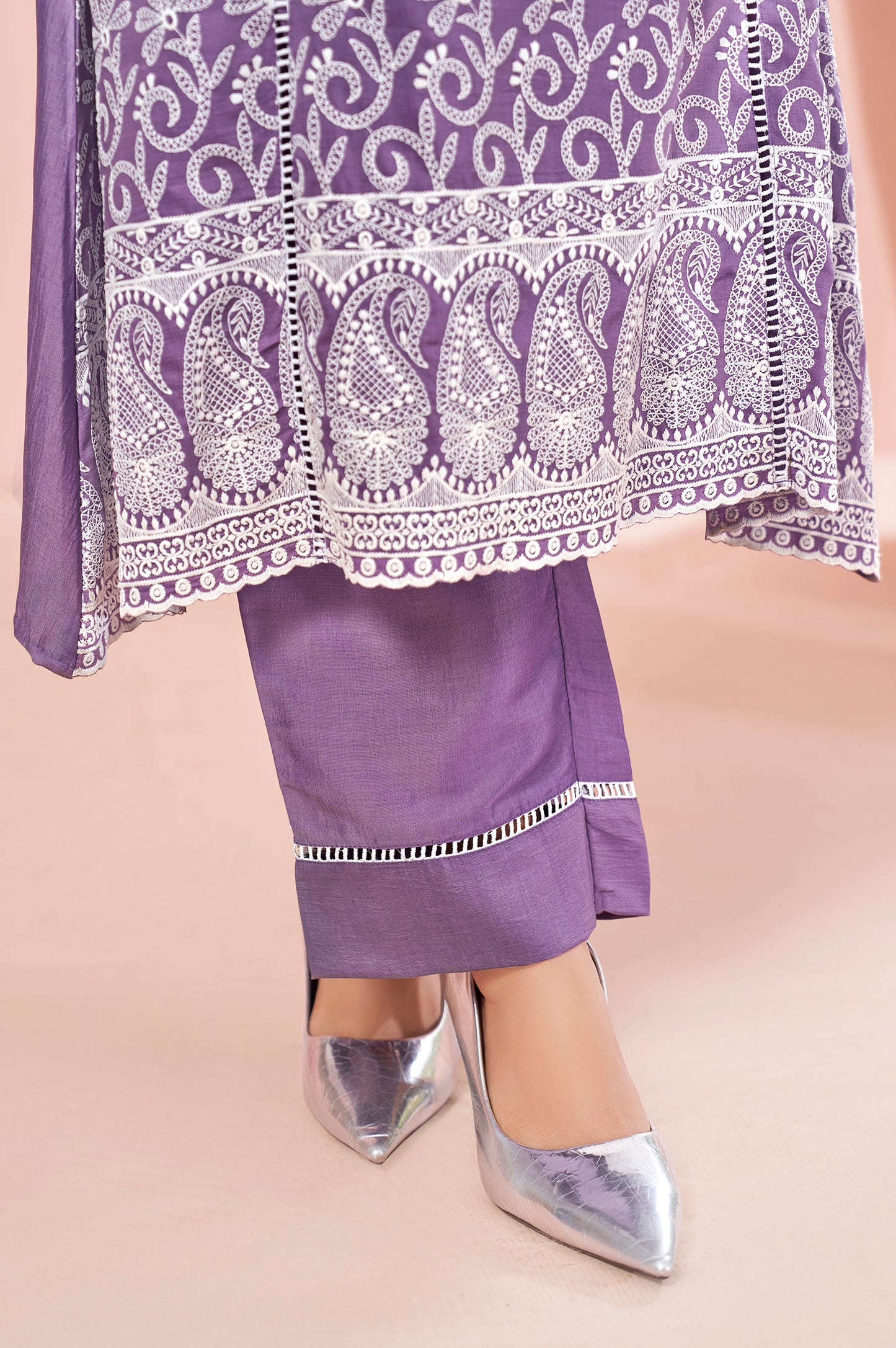Lavender Chinnon Schiffli Embroidered A-Line Kurta Set with Pants & Nazmin Chiffon Dupatta