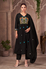 Black Pure Cotton Embroidered Kurta Set with Dupatta
