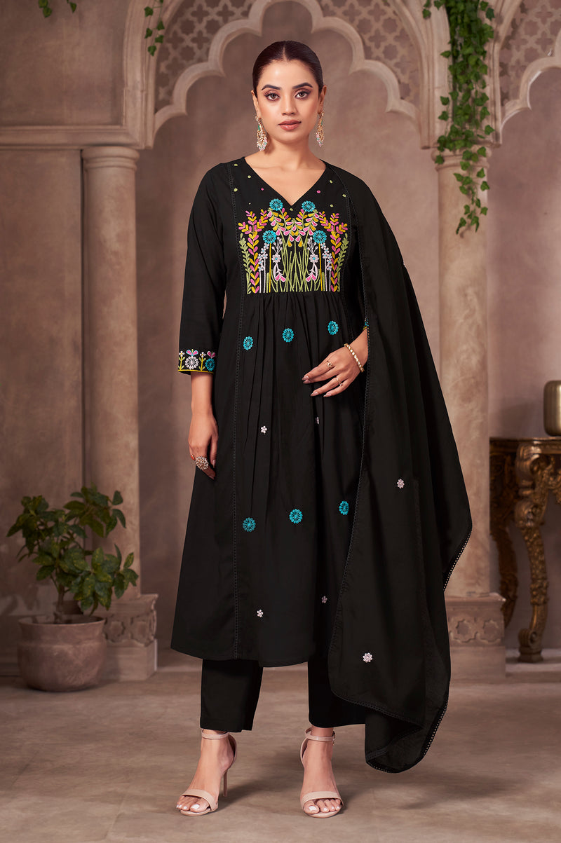 Black Pure Cotton Embroidered Kurta Set with Dupatta