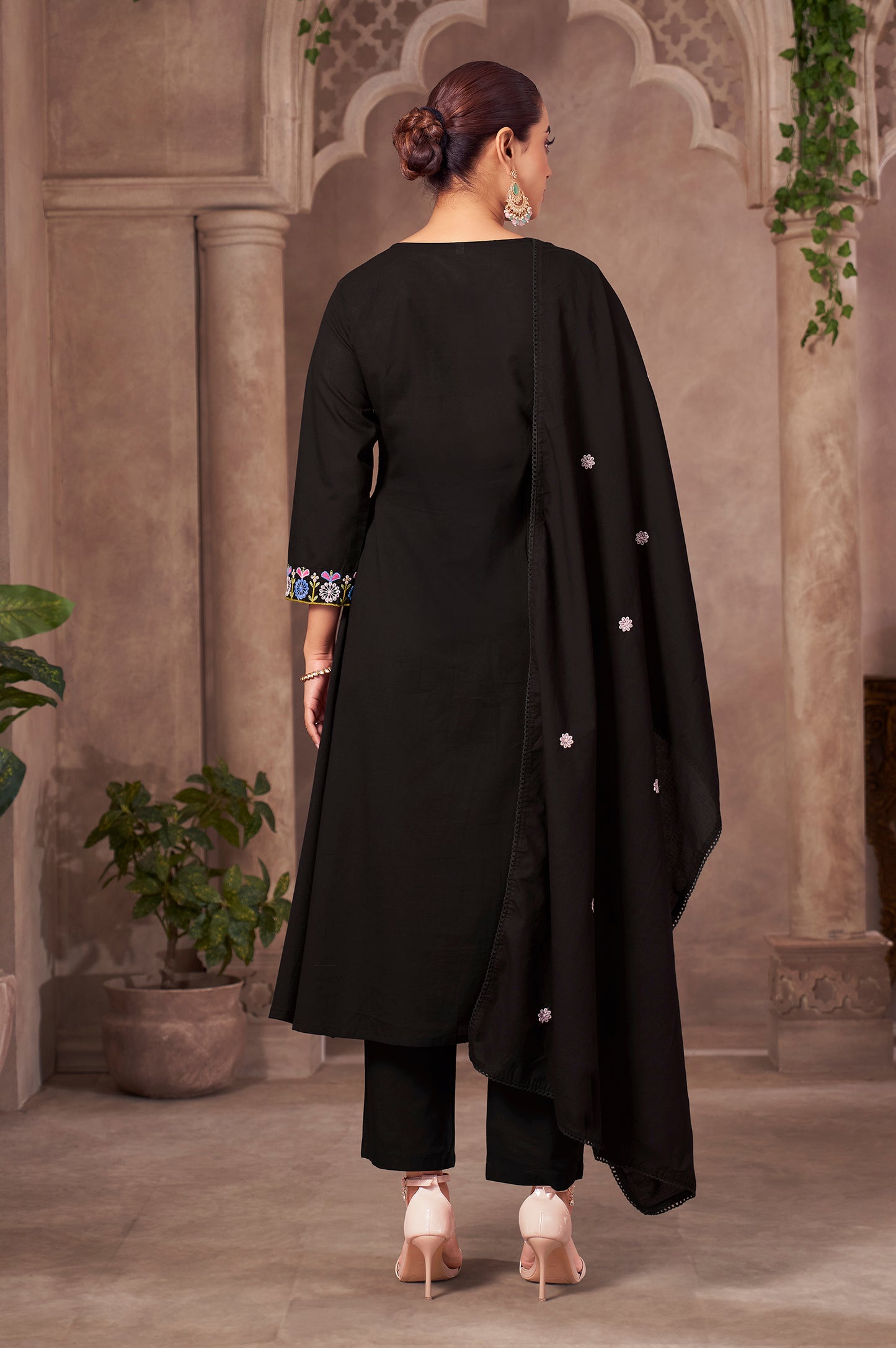 Black Pure Cotton Embroidered Kurta Set with Dupatta