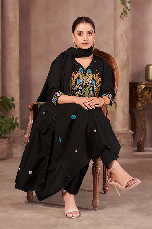 Black Pure Cotton Embroidered Kurta Set with Dupatta