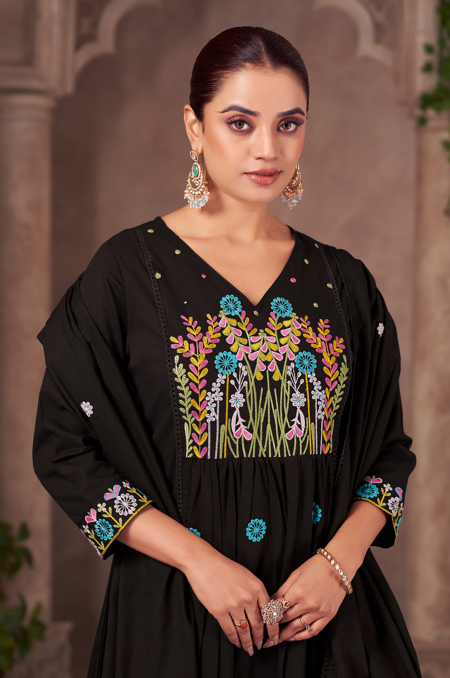 Black Pure Cotton Embroidered Kurta Set with Dupatta