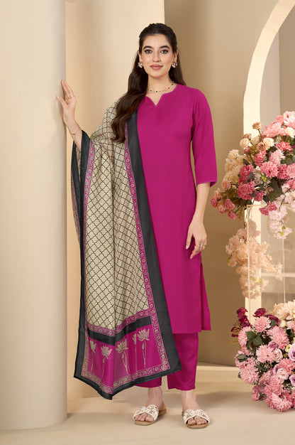 Pink Cotton Flared Calf-Length Kurta with Pant & Cream Chanderi Printed Dupatta