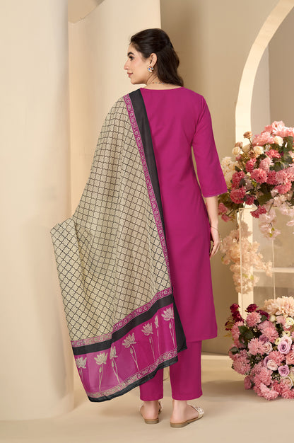 Pink Cotton Flared Calf-Length Kurta with Pant & Cream Chanderi Printed Dupatta
