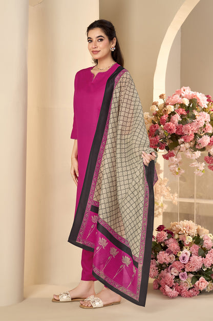 Pink Cotton Flared Calf-Length Kurta with Pant & Cream Chanderi Printed Dupatta