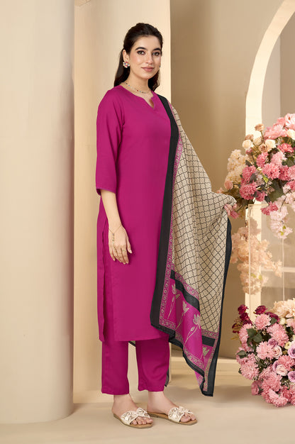 Pink Cotton Flared Calf-Length Kurta with Pant & Cream Chanderi Printed Dupatta