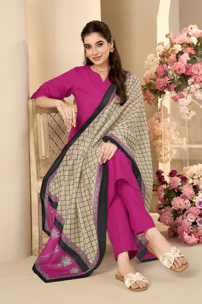 Pink Cotton Flared Calf-Length Kurta with Pant & Cream Chanderi Printed Dupatta