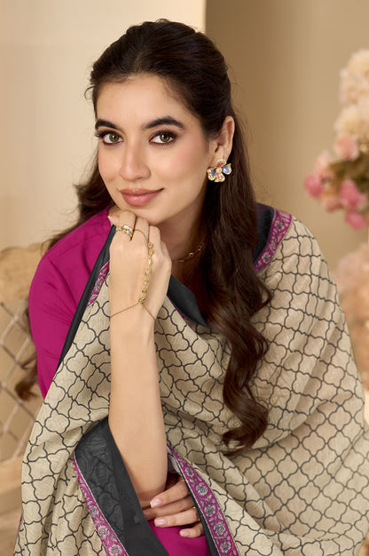 Pink Cotton Flared Calf-Length Kurta with Pant & Cream Chanderi Printed Dupatta