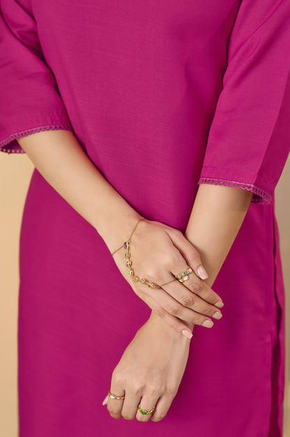 Pink Cotton Flared Calf-Length Kurta with Pant & Cream Chanderi Printed Dupatta