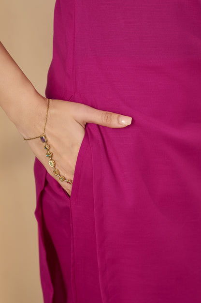 Pink Cotton Flared Calf-Length Kurta with Pant & Cream Chanderi Printed Dupatta