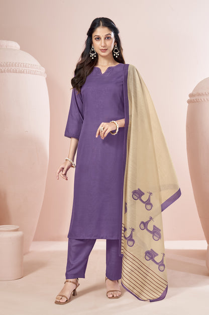Purple Cotton Flared Calf-Length Kurta with Pant & Cream Chanderi Printed Dupatta